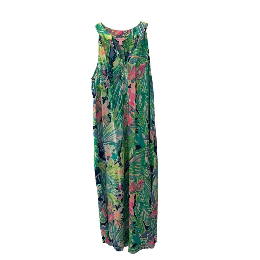 Lilly Pulitzer Silk Maxi Dress XS Tropical Palm Print Sleeveless Resort Vacation
